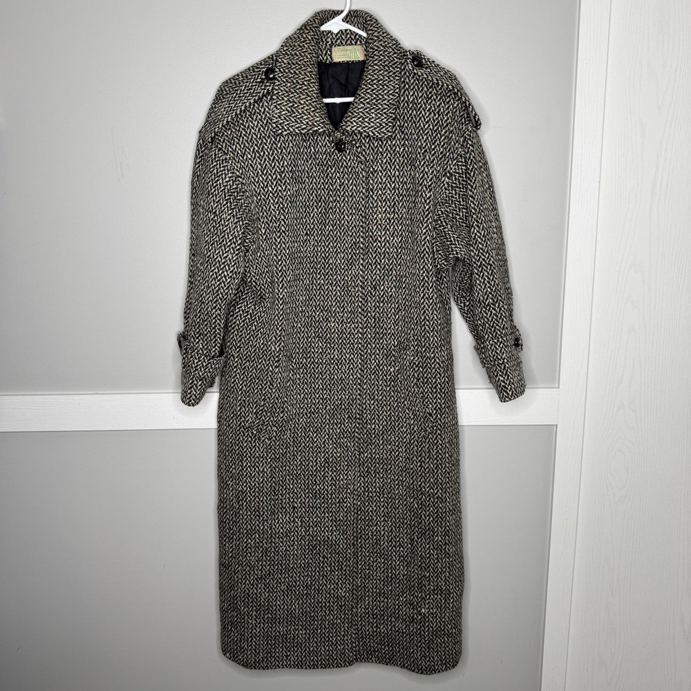 Vintage Jill Tweed Long Coat Women's Sz L‎ Herringbone Wool Overcoat Made USA